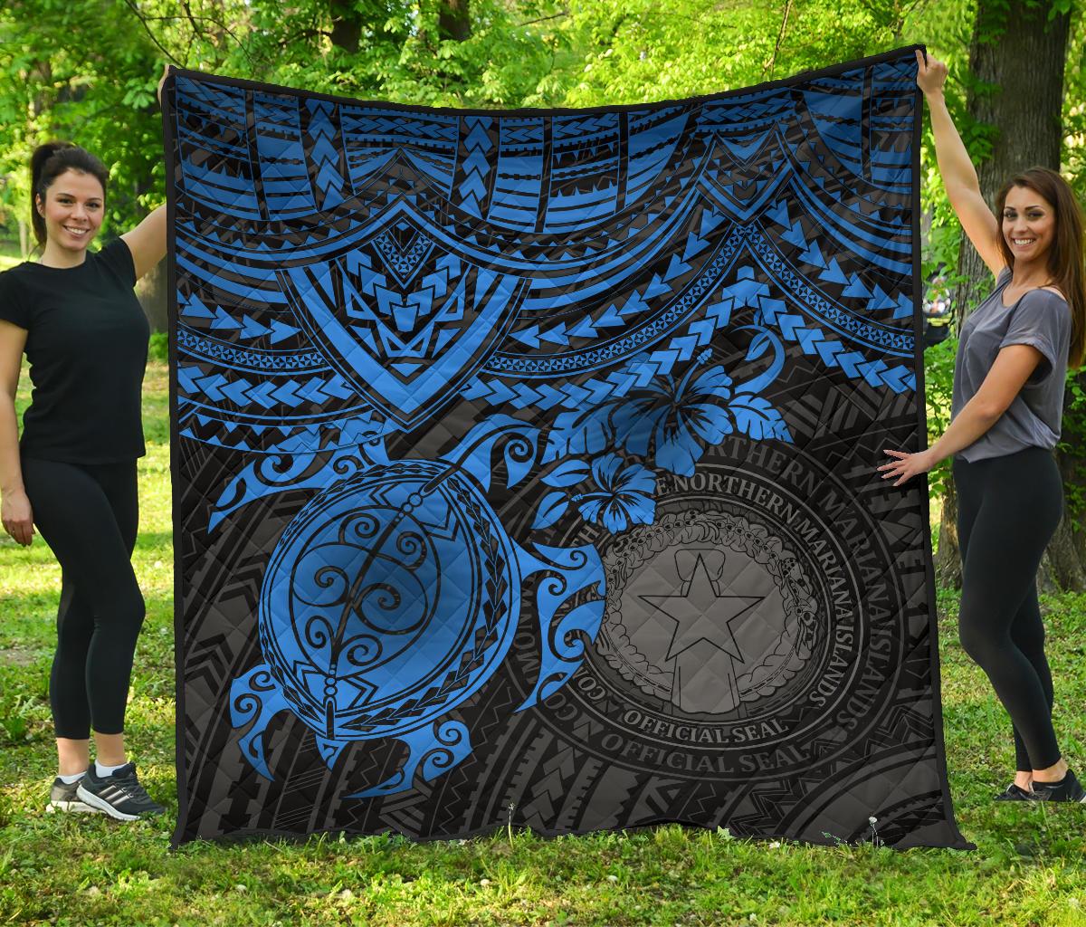 Northern Mariana Islands Polynesian Premium Quilt - Northern Mariana Islands Seal & Blue Turtle Hibiscus BLUE - Polynesian Pride