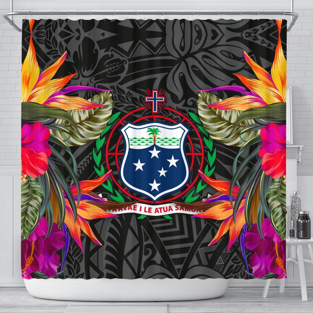 Samoa Shower Curtain - Polynesian Hibiscus Pattern 177 x 172 (cm) Black - Polynesian Pride