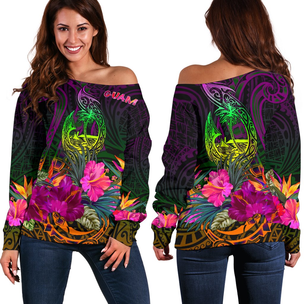 Guam Polynesian Women's Off Shoulder Sweater - Summer Hibiscus Art - Polynesian Pride