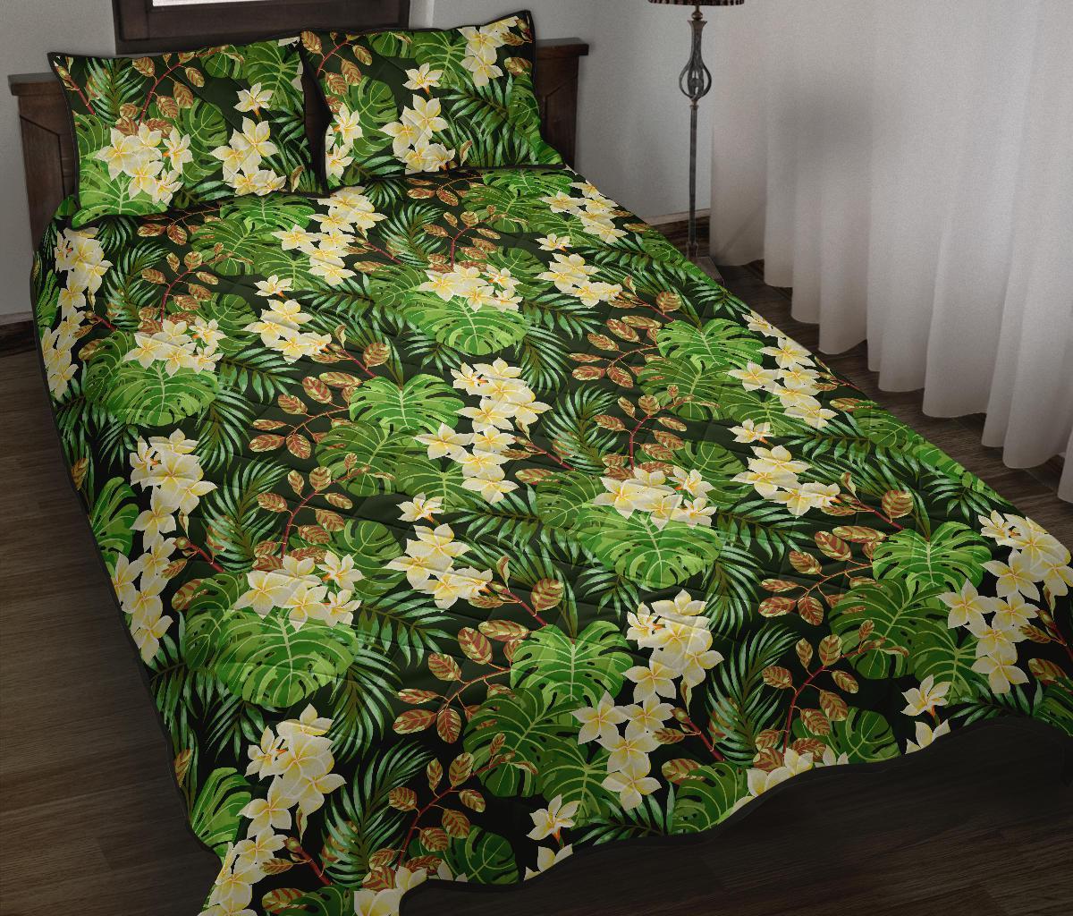 Hawaii Quilt Bed Set Tropical Leaves And Plumeria AH Black - Polynesian Pride