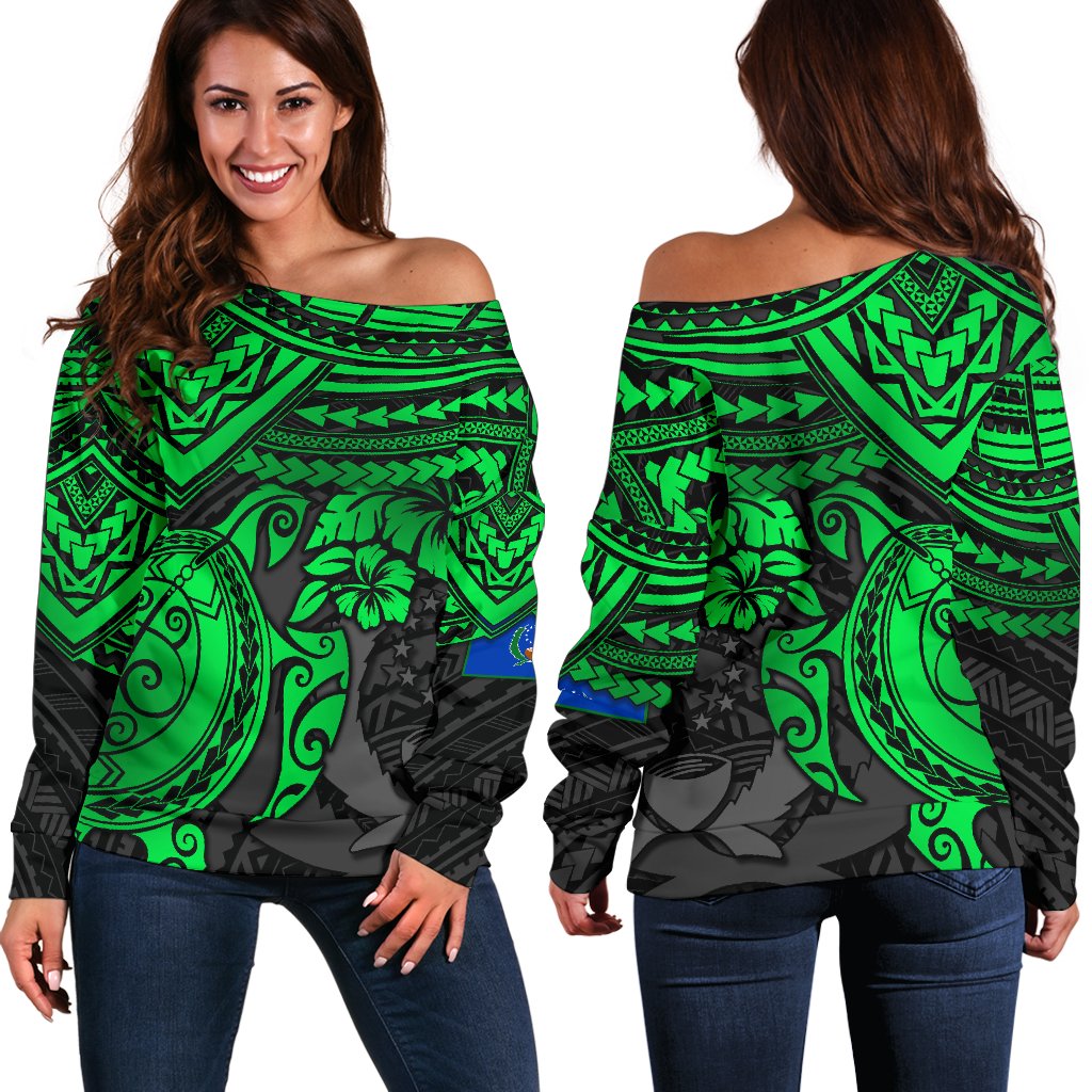 Pohnpei Polynesian Off Shoulder Sweater (Women) - Polynesian Green Turtle GREEN - Polynesian Pride