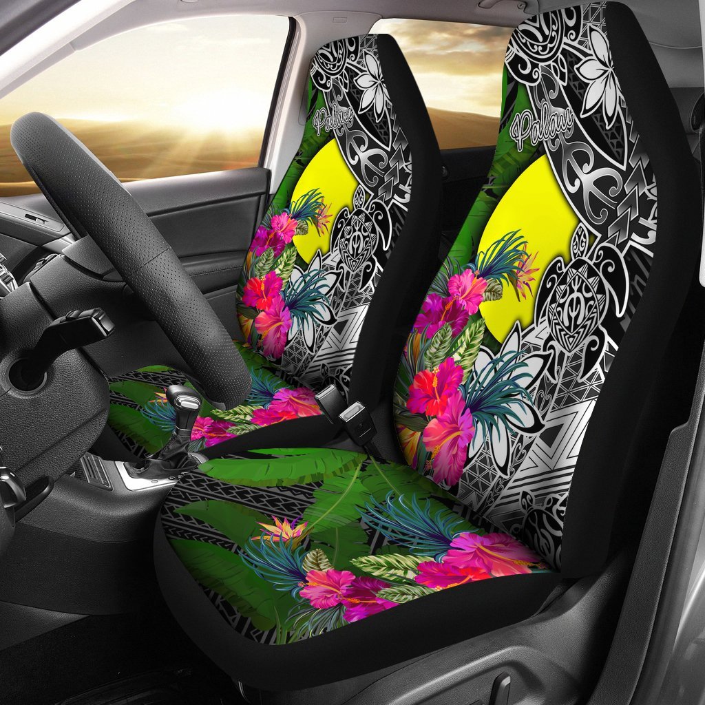 Palau Car Seat Covers - Turtle Plumeria Banana Leaf Universal Fit Black - Polynesian Pride