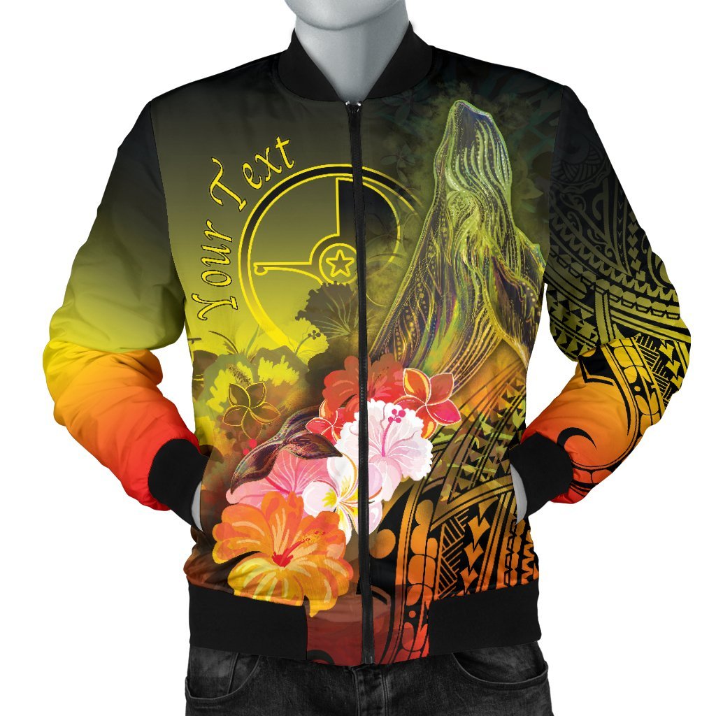 Custom Personalised Yap Men's Bomber Jacket - Humpback Whale with Tropical Flowers (Yellow) Yellow - Polynesian Pride