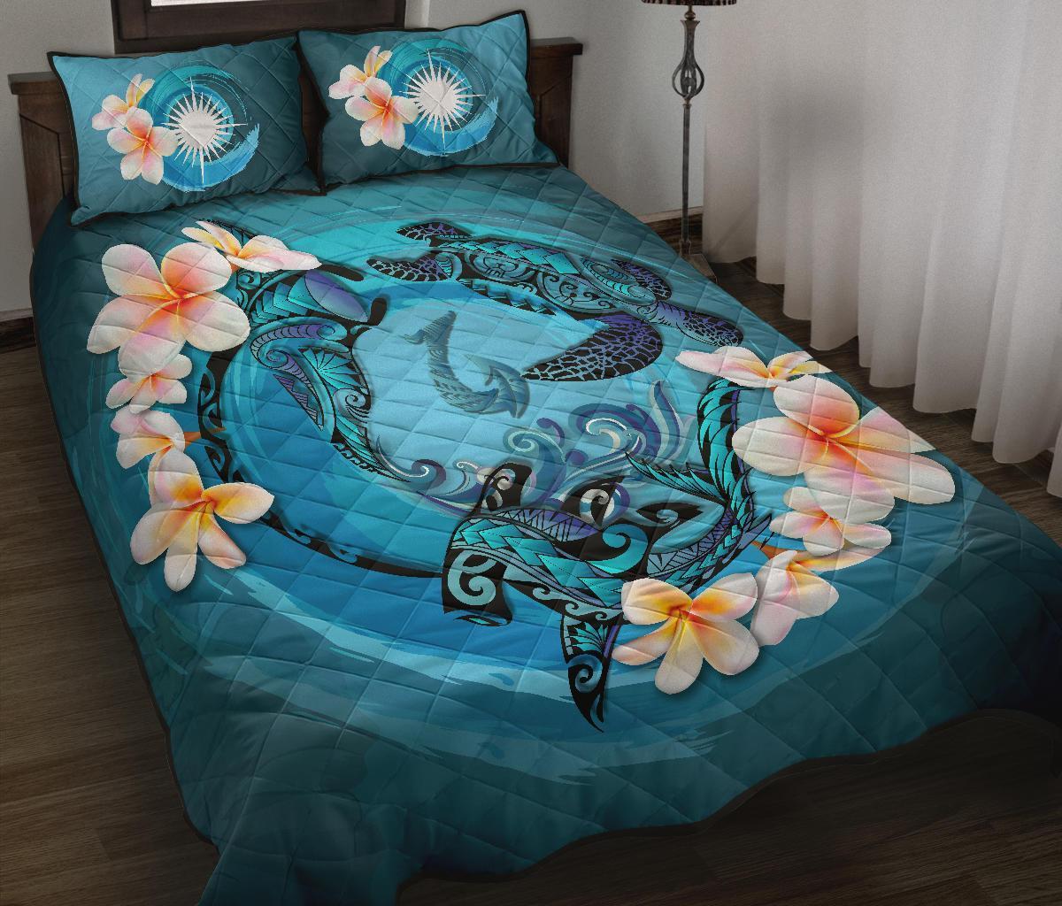 Marshall Islands Polynesian Quilt Bed Set - Blue Plumeria Animal Tattoo Blue - Polynesian Pride