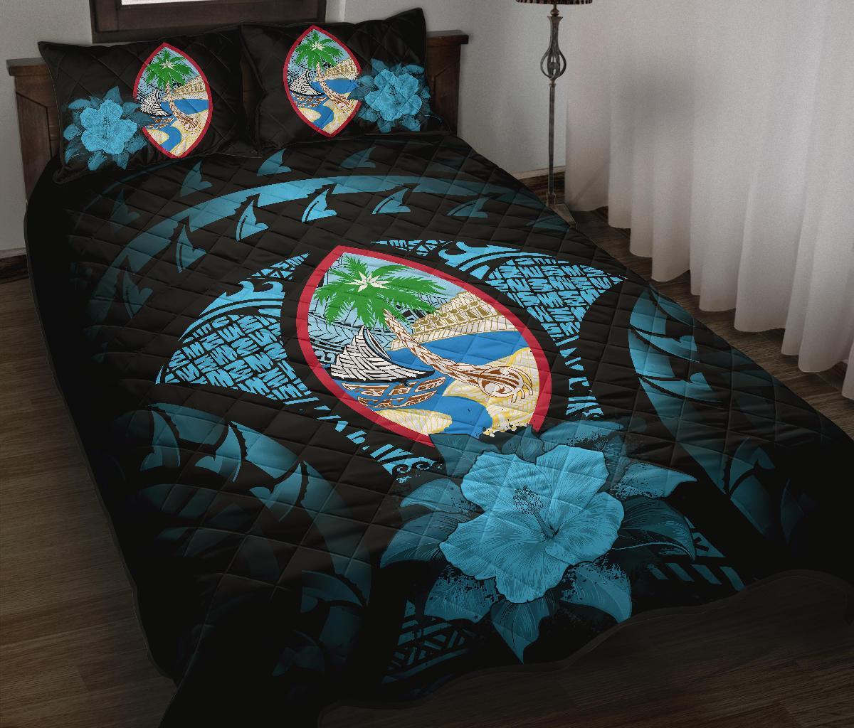 Guam Polynesian Quilt Bed Set Hibiscus Blue Black - Polynesian Pride