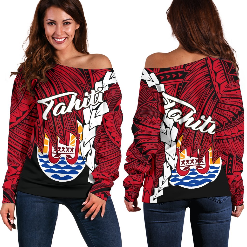 Tahiti Polynesian Women's Off Shoulder Sweater - Tribal Wave Tattoo Flag Style Black - Polynesian Pride