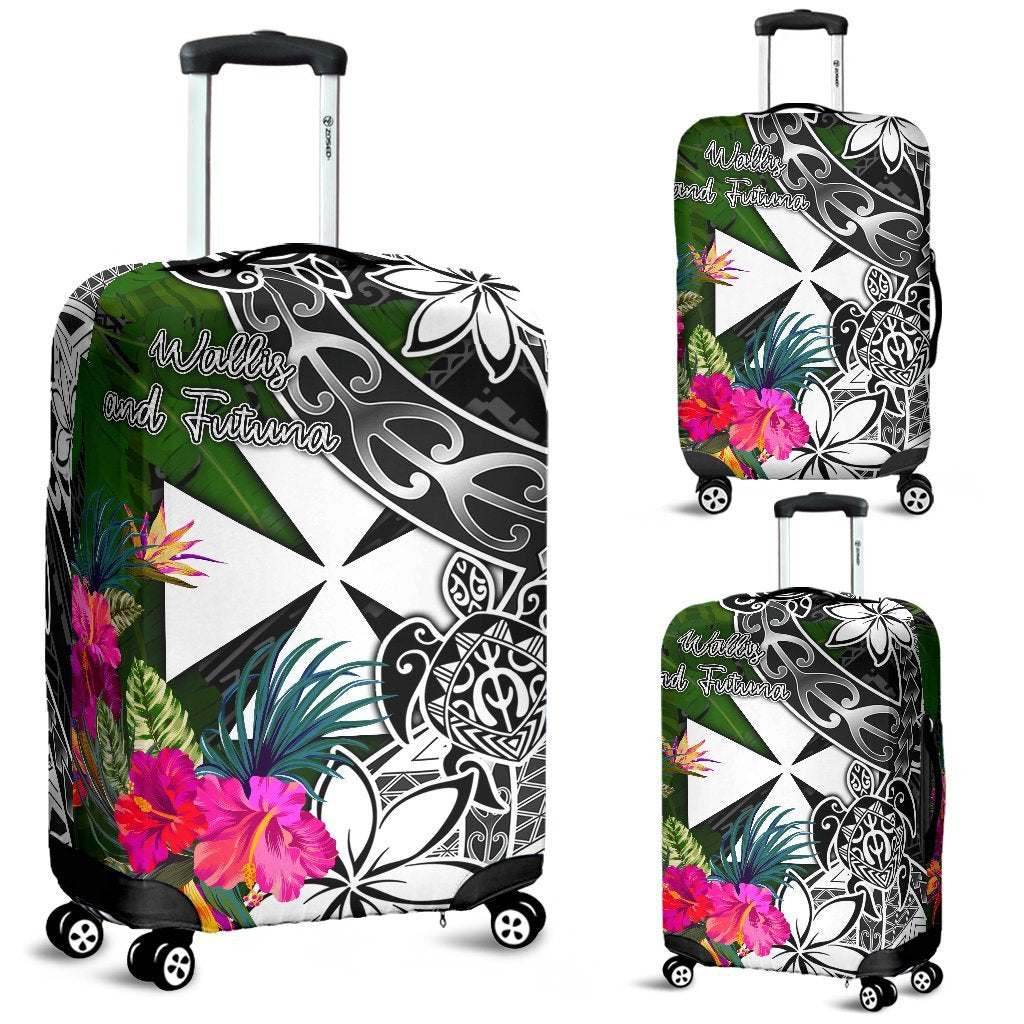 Wallis and Futuna Luggage Covers - Turtle Plumeria Banana Leaf Black - Polynesian Pride