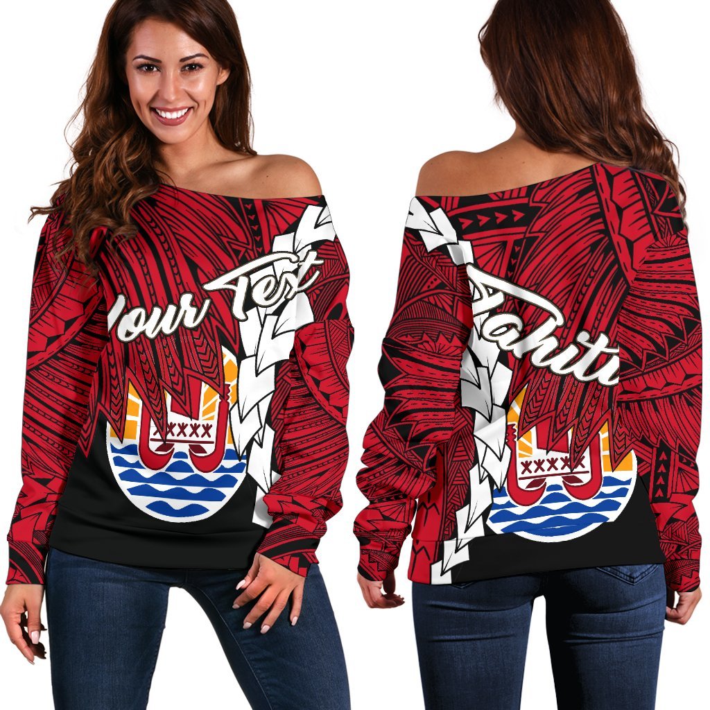 Tahiti Polynesian Custom Personalised Women's Off Shoulder Sweater - Tribal Wave Tattoo Flag Style Black - Polynesian Pride