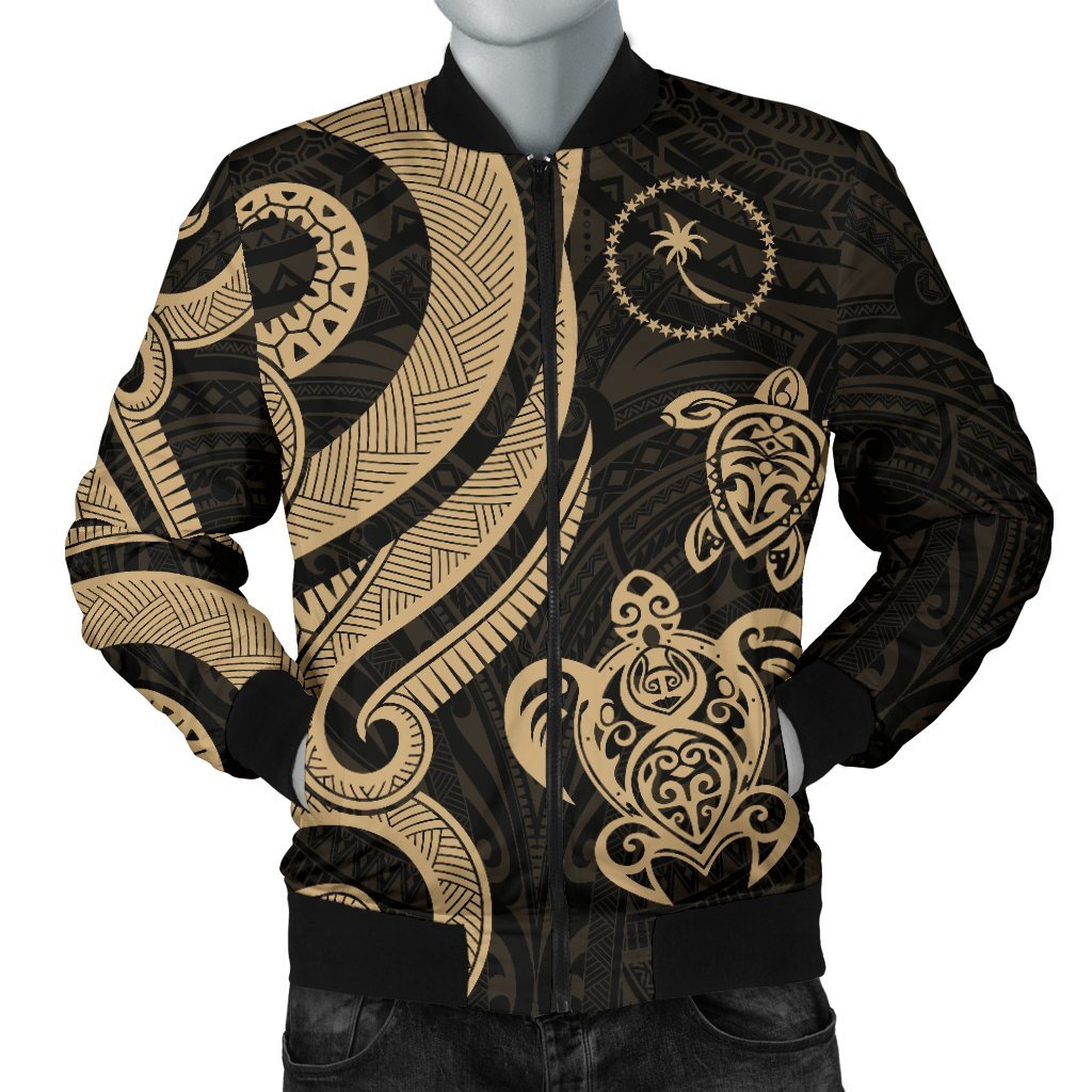 Chuuk Micronesian Men Bomber Jacket - Gold Tentacle Turtle Gold - Polynesian Pride