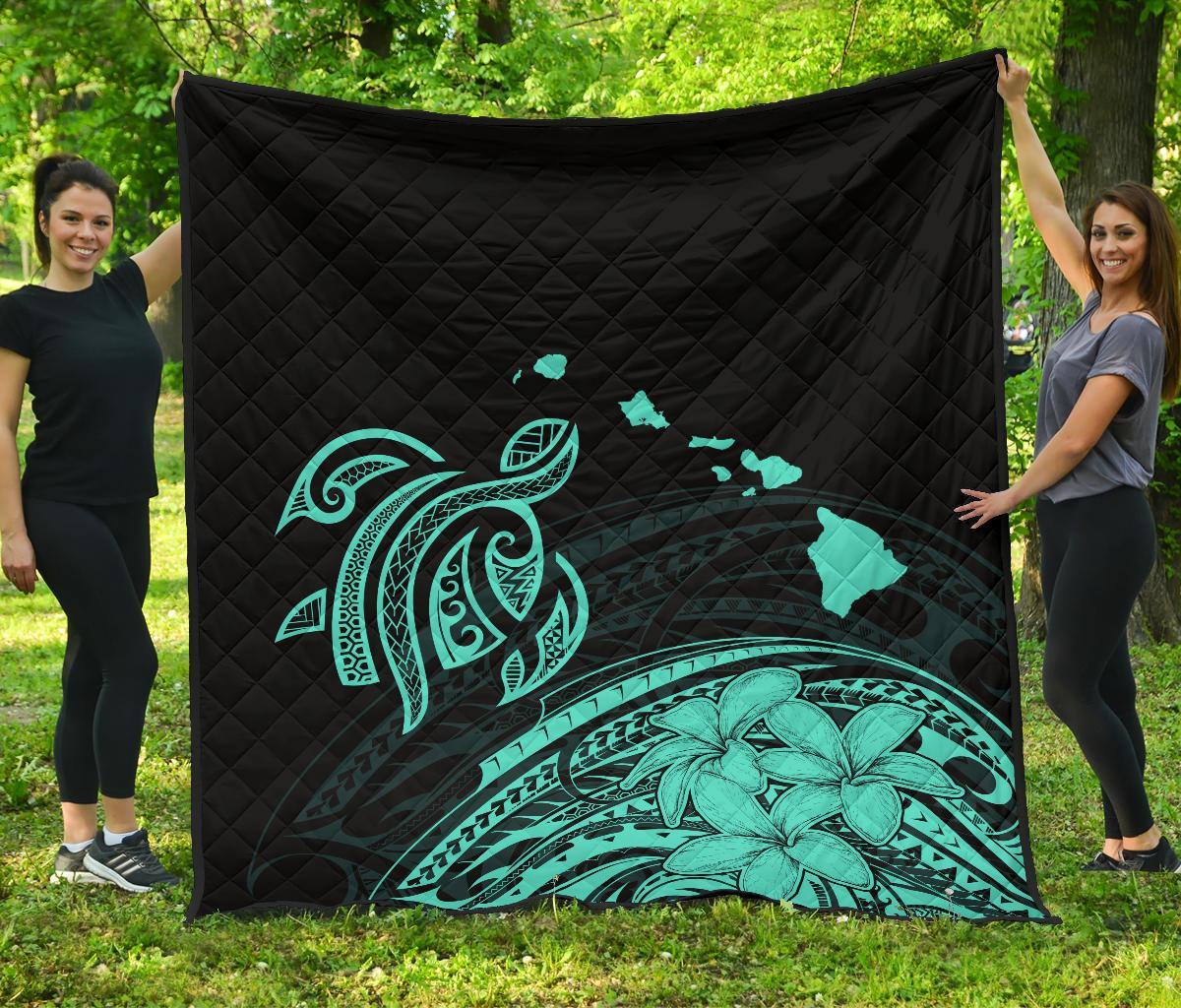 Hawaii Map Plumeria Polynesian Turquoise Premium Quilt Turquoise - Polynesian Pride