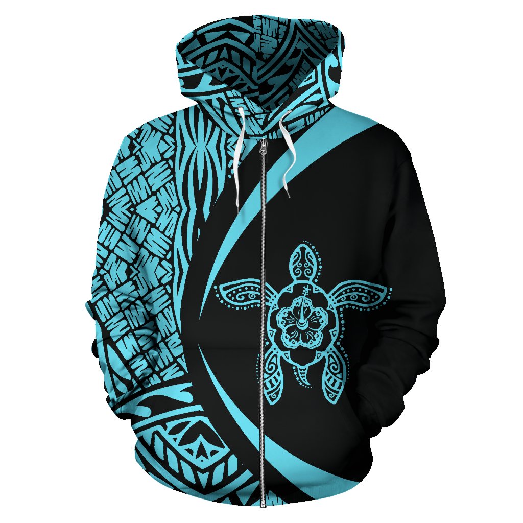 Hawaii Turtle Polynesian Zip up Hoodie Circle Style Blue Color - Polynesian Pride