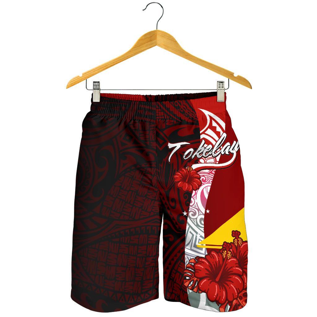 Tokelau Polynesian Men's Shorts - Coat Of Arm With Hibiscus Red - Polynesian Pride