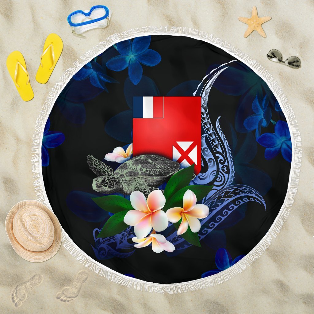 Wallis and Futuna Polynesian Beach Blanket - Turtle With Plumeria Flowers One style One size Blue - Polynesian Pride