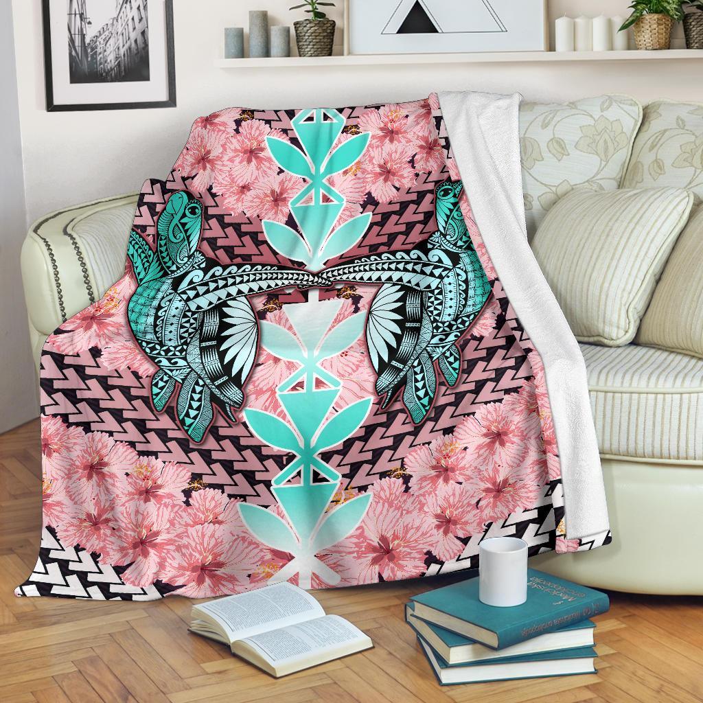 Hawaii Turtle Kanaka Hibiscus Tropical Polynesian Premium Blanket - Sweet Style - AH White - Polynesian Pride