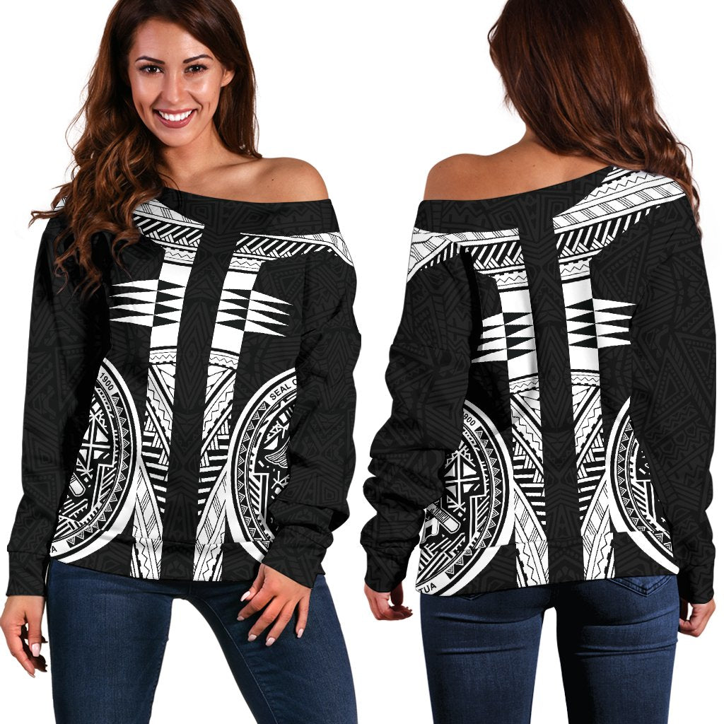 American Samoa Polynesian Women Off Shoulder Sweater - Black Armor Tattoo Black - Polynesian Pride