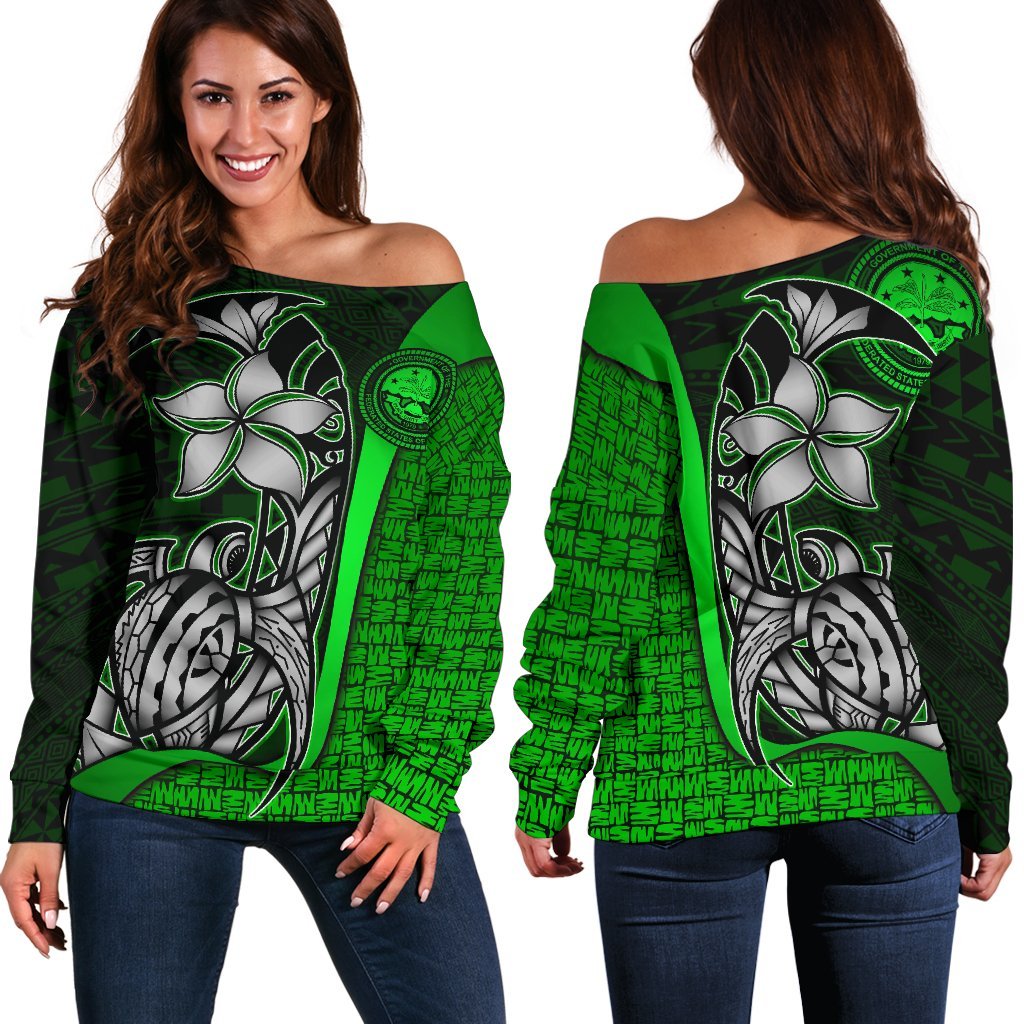 Federated States of Micronesia Women Off Shoulder Sweater Green - Turtle With Hook Green - Polynesian Pride