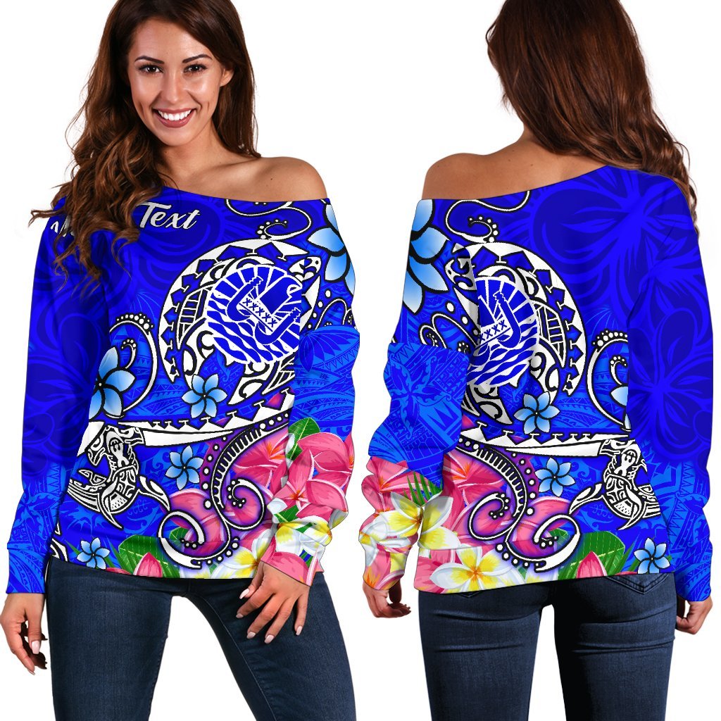 Tahiti Custom Personalised Women's Off Shoulder Sweater - Turtle Plumeria (Blue) Blue - Polynesian Pride