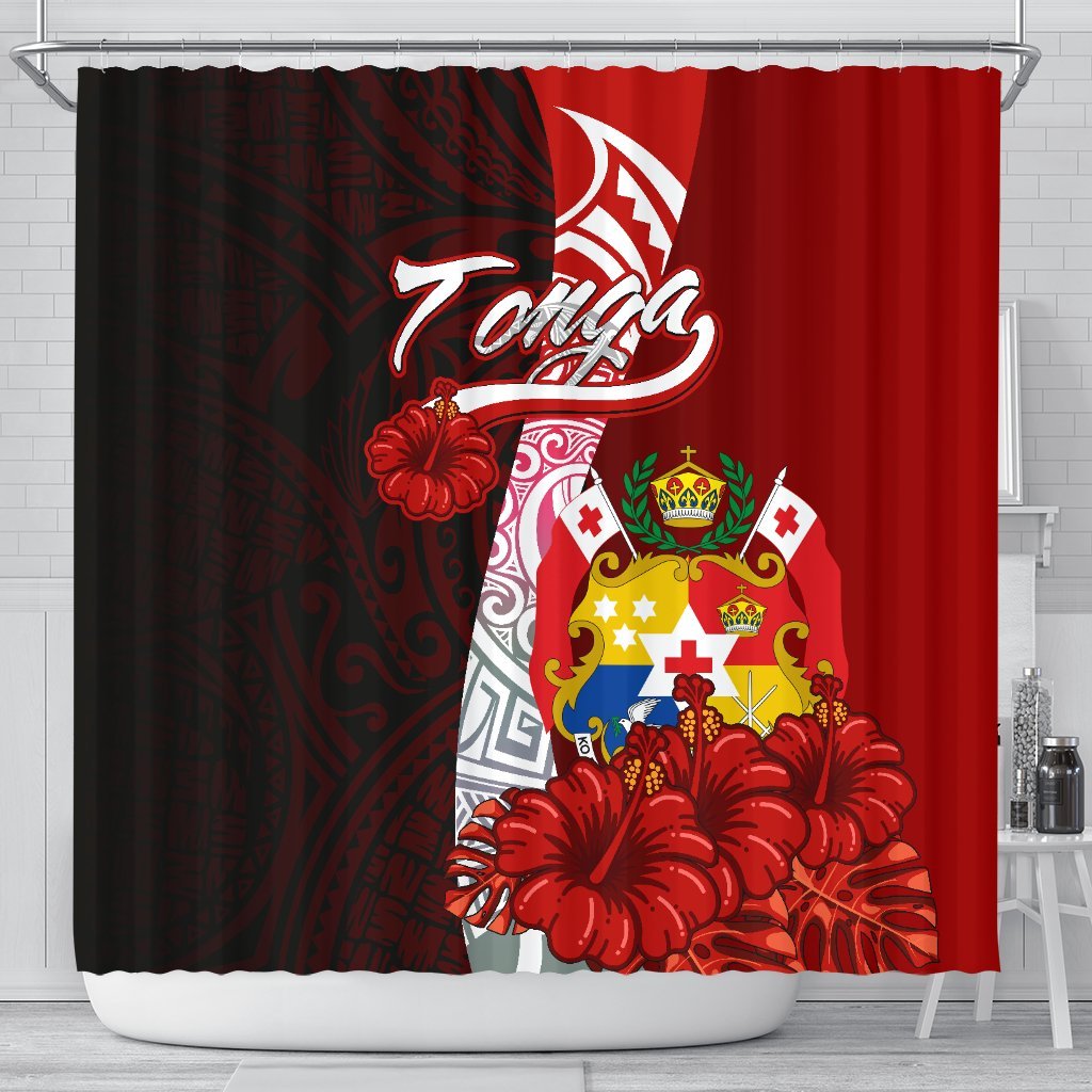 Tonga Polynesian Shower Curtain - Coat Of Arm With Hibiscus 177 x 172 (cm) Red - Polynesian Pride