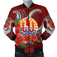 Tahiti Polynesian Men Bomber Jacket - Hibiscus Coat of Arm Red - Polynesian Pride