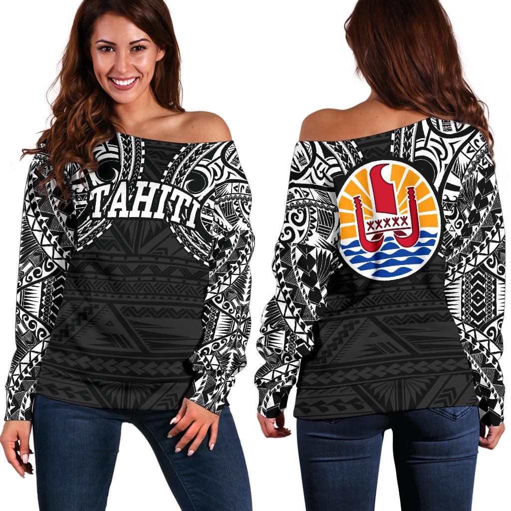 Tahiti Women's Off Shoulder Sweater - White Tattoo Version White - Polynesian Pride