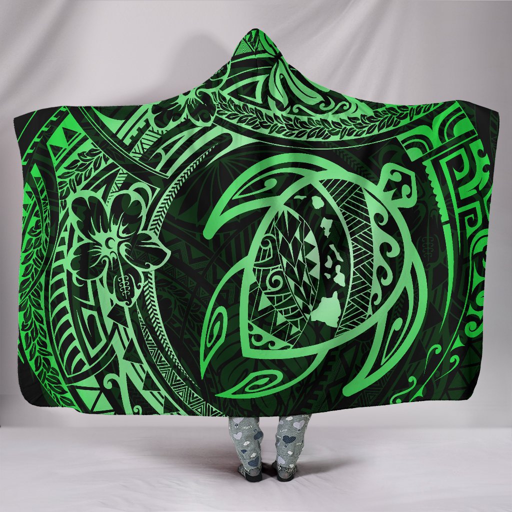 Hawaii Turtle Polynesian Green Hooded Blanket Hooded Blanket Green - Polynesian Pride