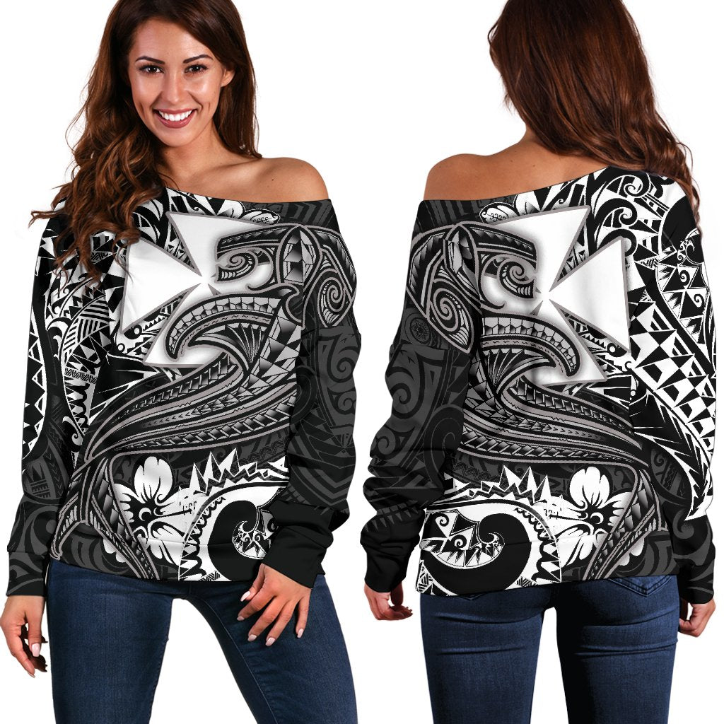 Polynesian Wallis and Futuna Women's Off Shoulder Sweater - White Shark Polynesian Tattoo White - Polynesian Pride