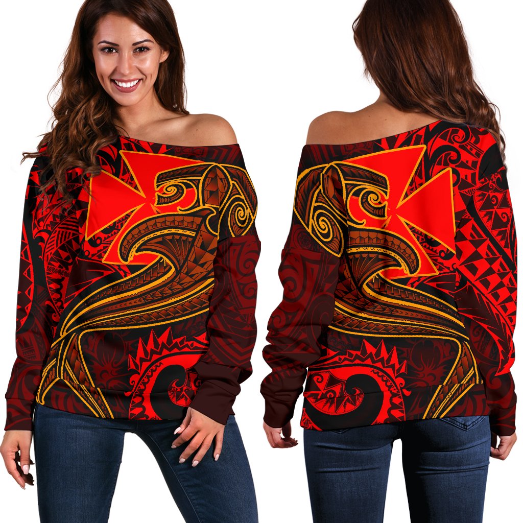 Polynesian Wallis and Futuna Women's Off Shoulder Sweater - Red Shark Polynesian Tattoo Red - Polynesian Pride