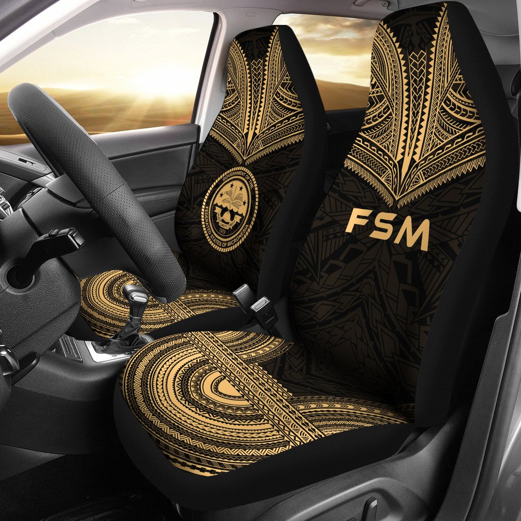 Federated States Of Micronesia Car Seat Cover - F S M Seal Polynesian Chief Tattoo Gold Version Universal Fit Gold - Polynesian Pride