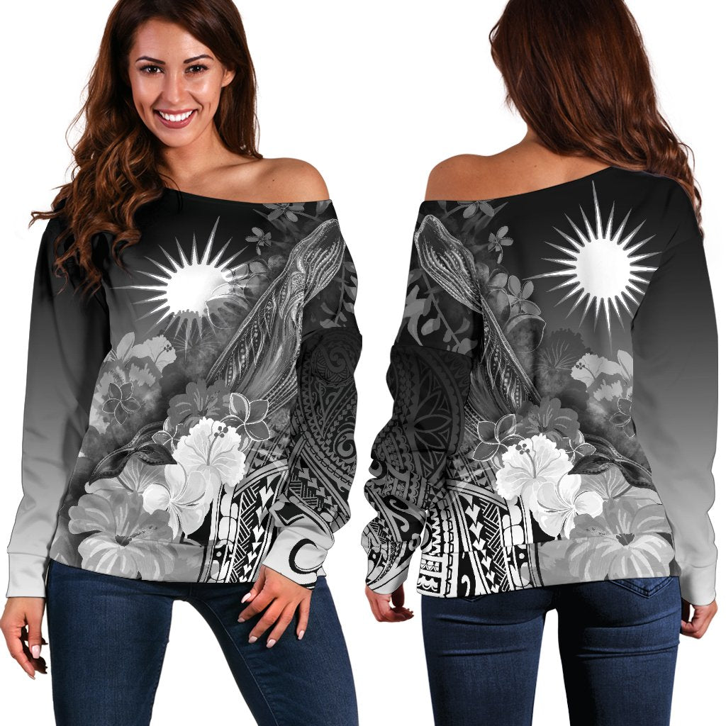 Marshall Islands Women's Off Shoulder Sweater - Humpback Whale with Tropical Flowers (White) White - Polynesian Pride