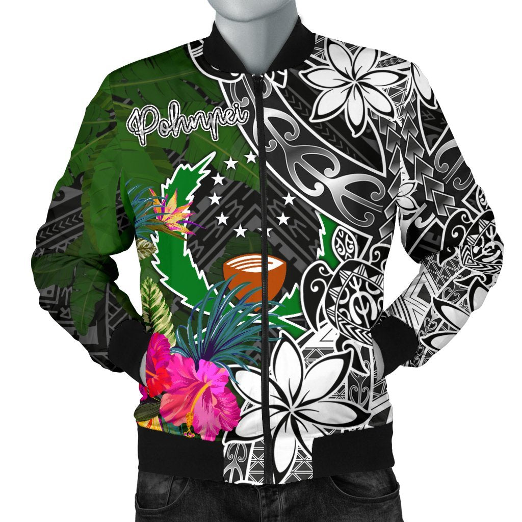 Pohnpei Men Bomber Jacket - Turtle Plumeria Banana Leaf Black - Polynesian Pride