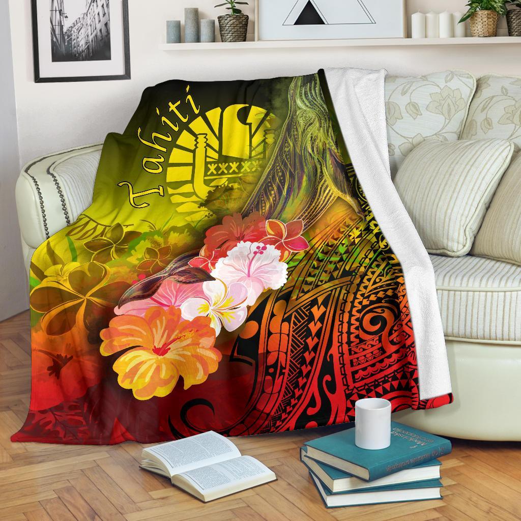 Tahiti Premium Blanket - Humpback Whale with Tropical Flowers (Yellow) White - Polynesian Pride