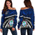 Guam Women's Off Shoulder Sweater Polynesian Shark Tattoo Blue - Polynesian Pride