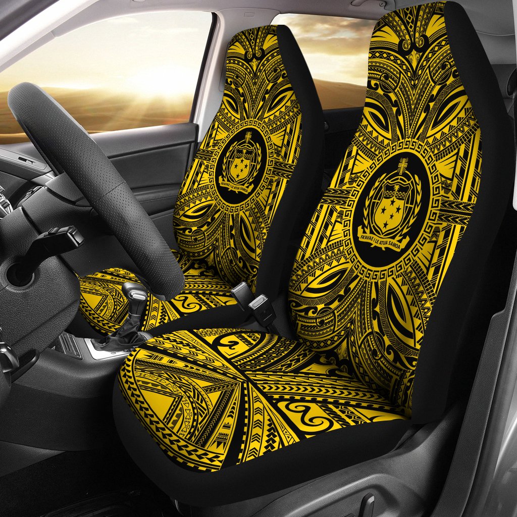 Samoa Car Seat Cover - Samoa Coat Of Arms Polynesian Gold Black Universal Fit Gold - Polynesian Pride