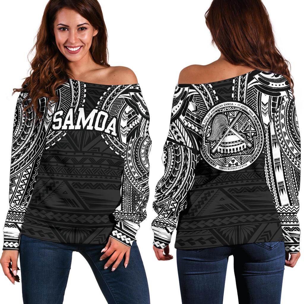 American Samoa Women's Off Shoulder Sweater - White Tattoo Version White - Polynesian Pride