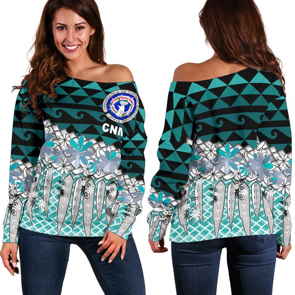 Northern Mariana Islands Women's Off Shoulder Sweaters - Coconut Leaves Weave Pattern Blue Blue - Polynesian Pride