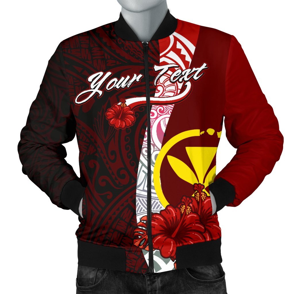 Hawaii Polynesian Custom Personalised Men's Bomber Jacket - Coat Of Arm With Hibiscus Red - Polynesian Pride