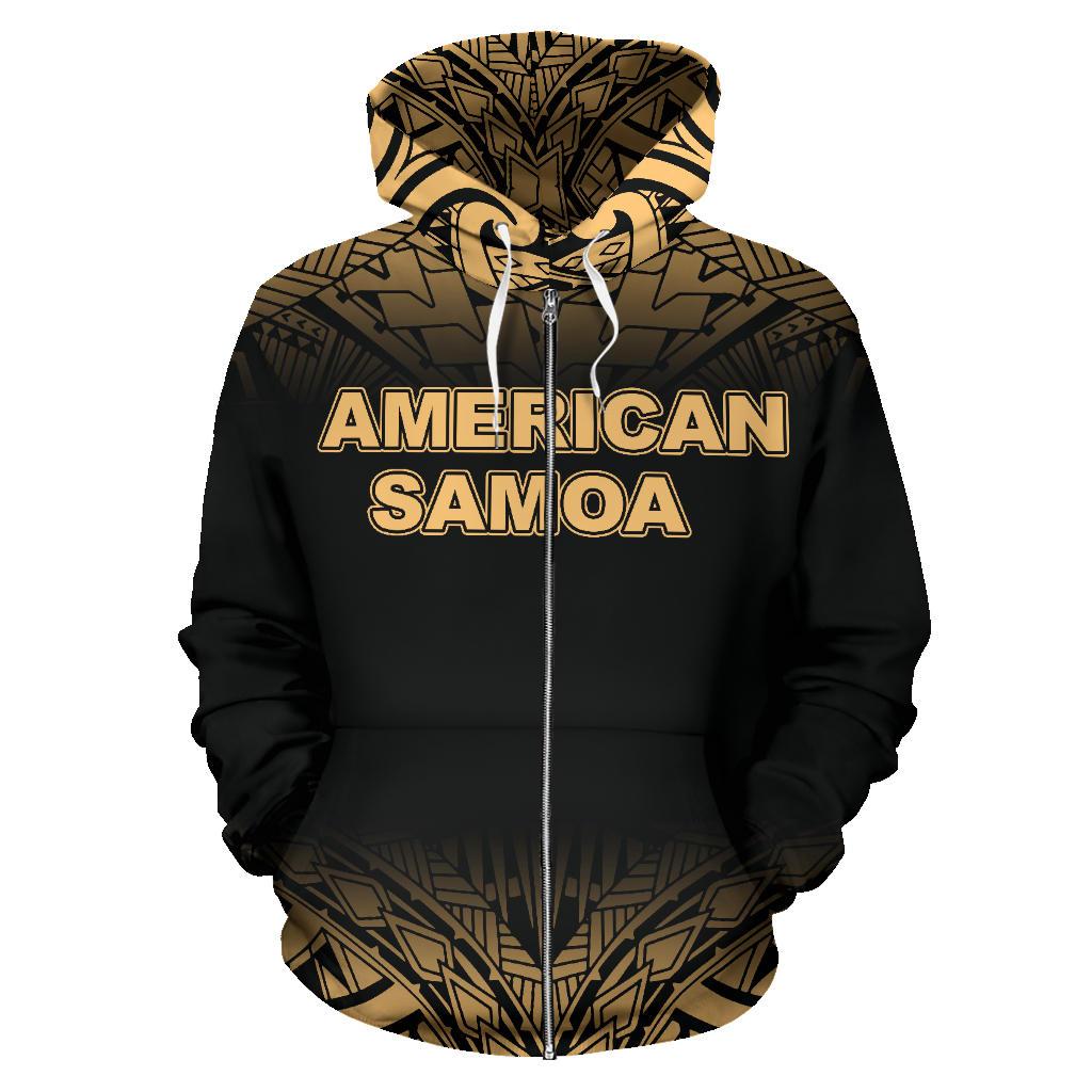 American Samoa All Over Zip up Hoodie Polynesian Gold Fog Unisex Black - Polynesian Pride