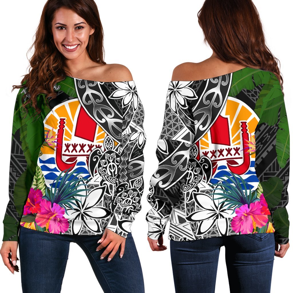 Tahiti Off Shoulder Sweater - Turtle Plumeria Banana Leaf Black - Polynesian Pride