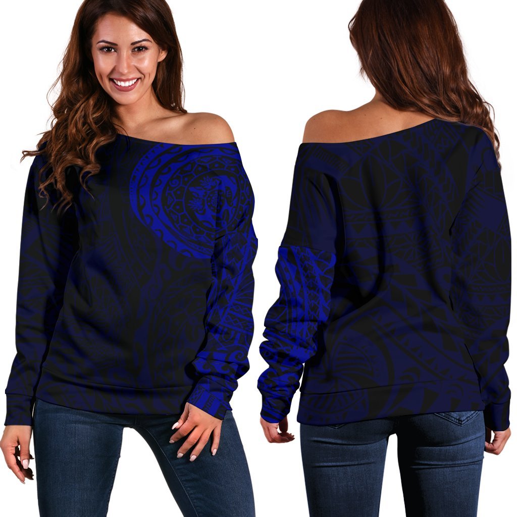 Polynesian Tattoo Style Off Shoulder Sweater Blue A7 Art - Polynesian Pride