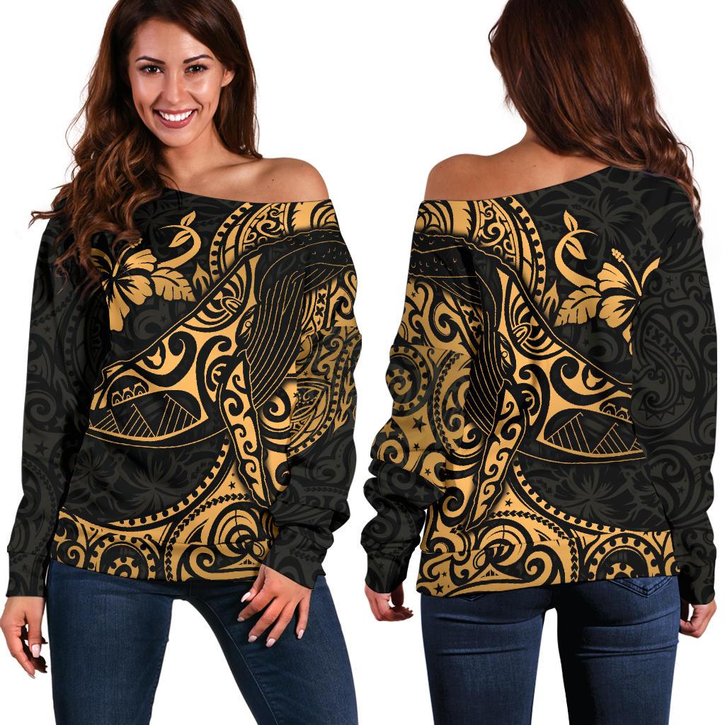 Polynesian Hawaii Off Shoulder Sweater - Polynesian Golden Humpback Whale Golden - Polynesian Pride