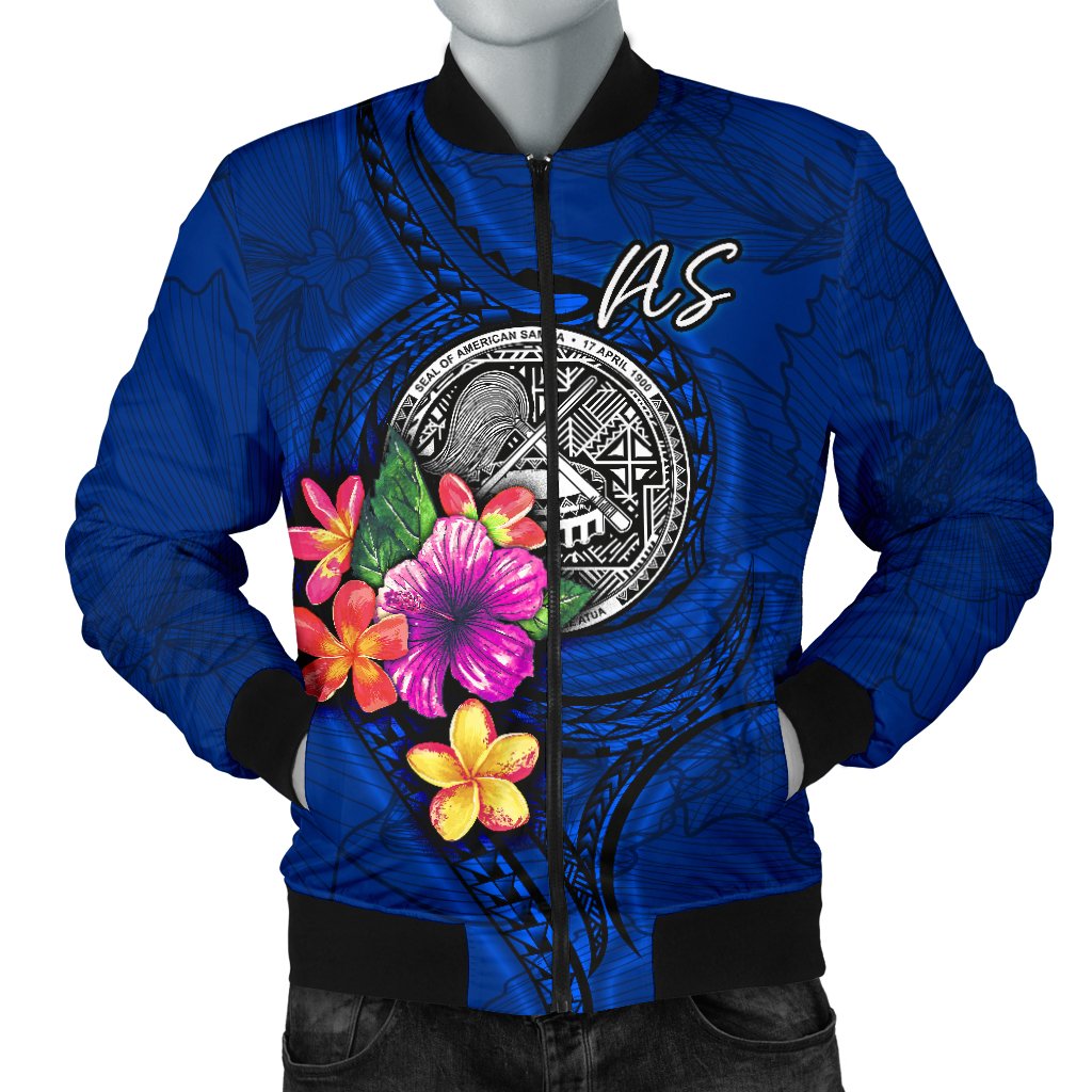 American Samoa Polynesian Men's Bomber Jacket - Floral With Seal Blue Blue - Polynesian Pride