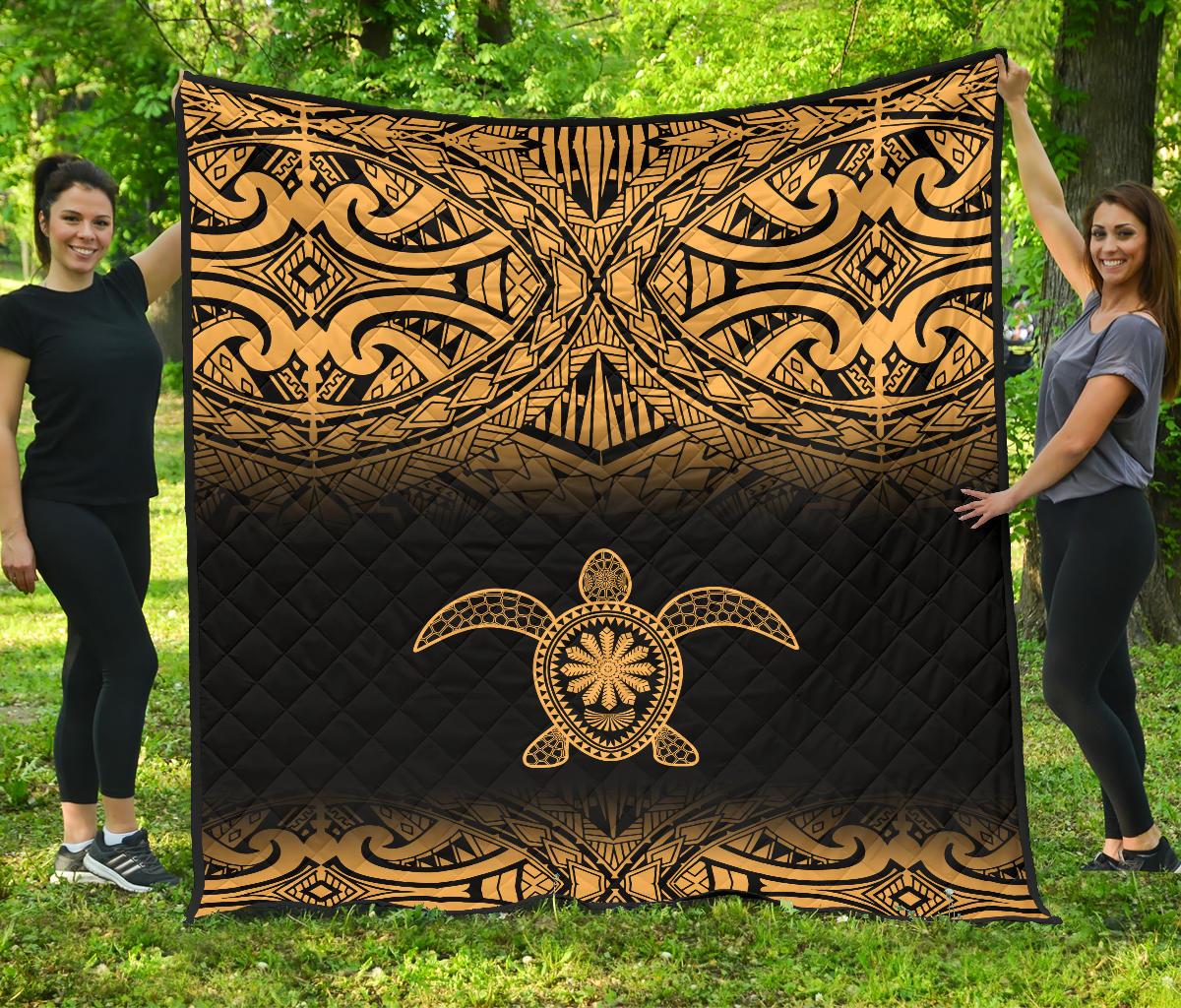 Polynesian Premium Quilt - Polynesian Gold Turtle Tattoo & Black Frog Gold - Polynesian Pride