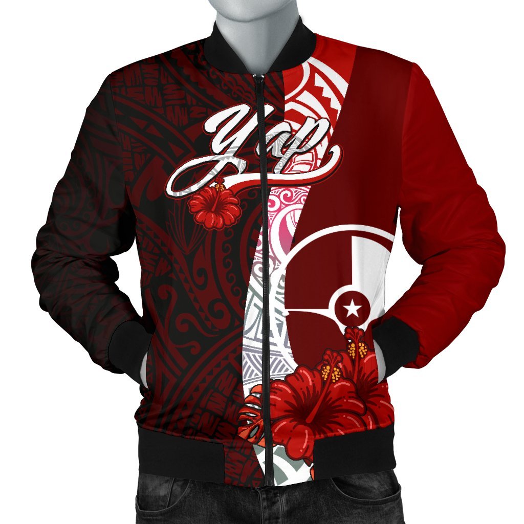 Yap Micronesia Men's Bomber Jacket - Coat Of Arm With Hibiscus Red - Polynesian Pride