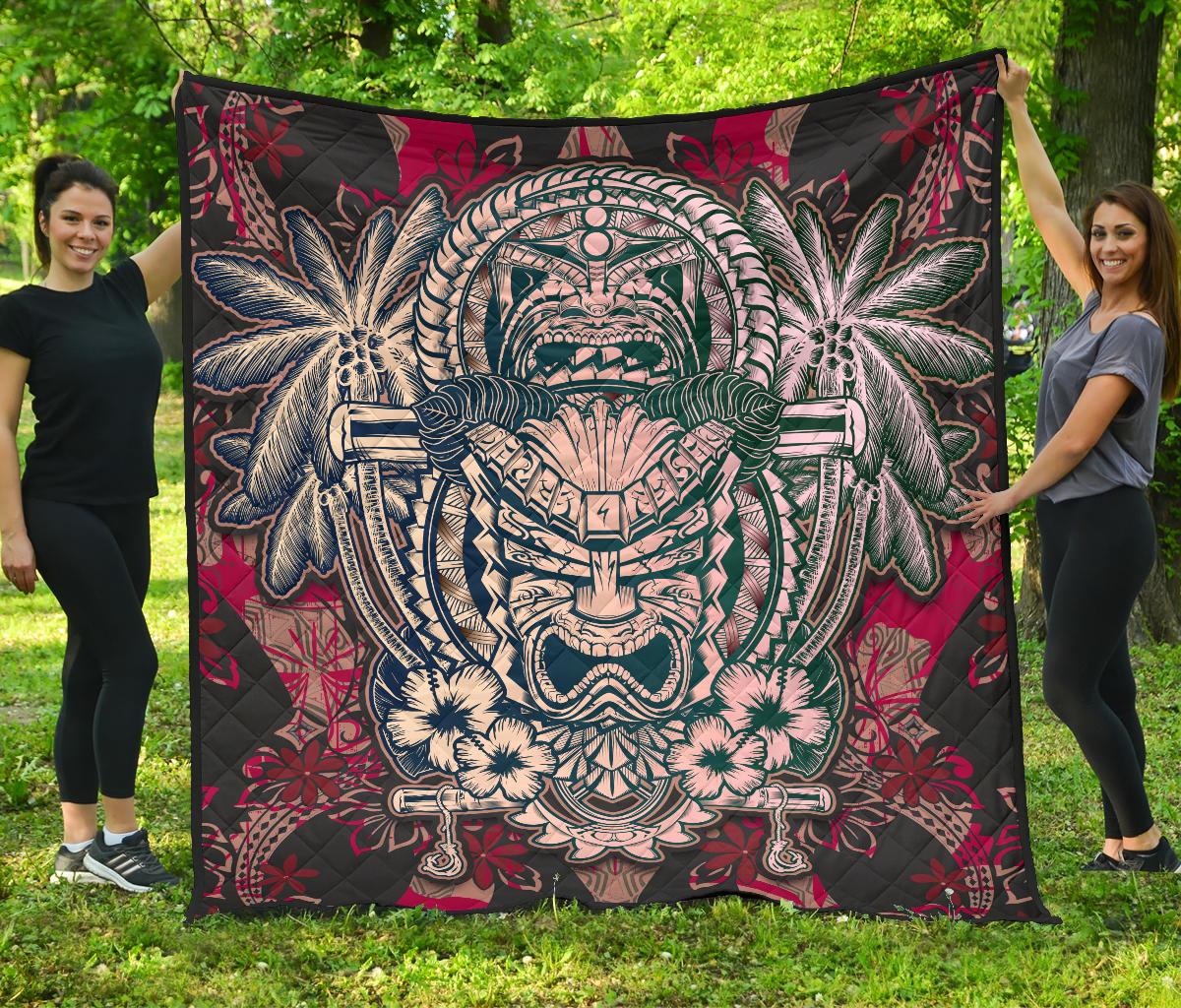 Hawaii Polynesian Premium Quilt - Hawaiian Tiki Face RED - Polynesian Pride