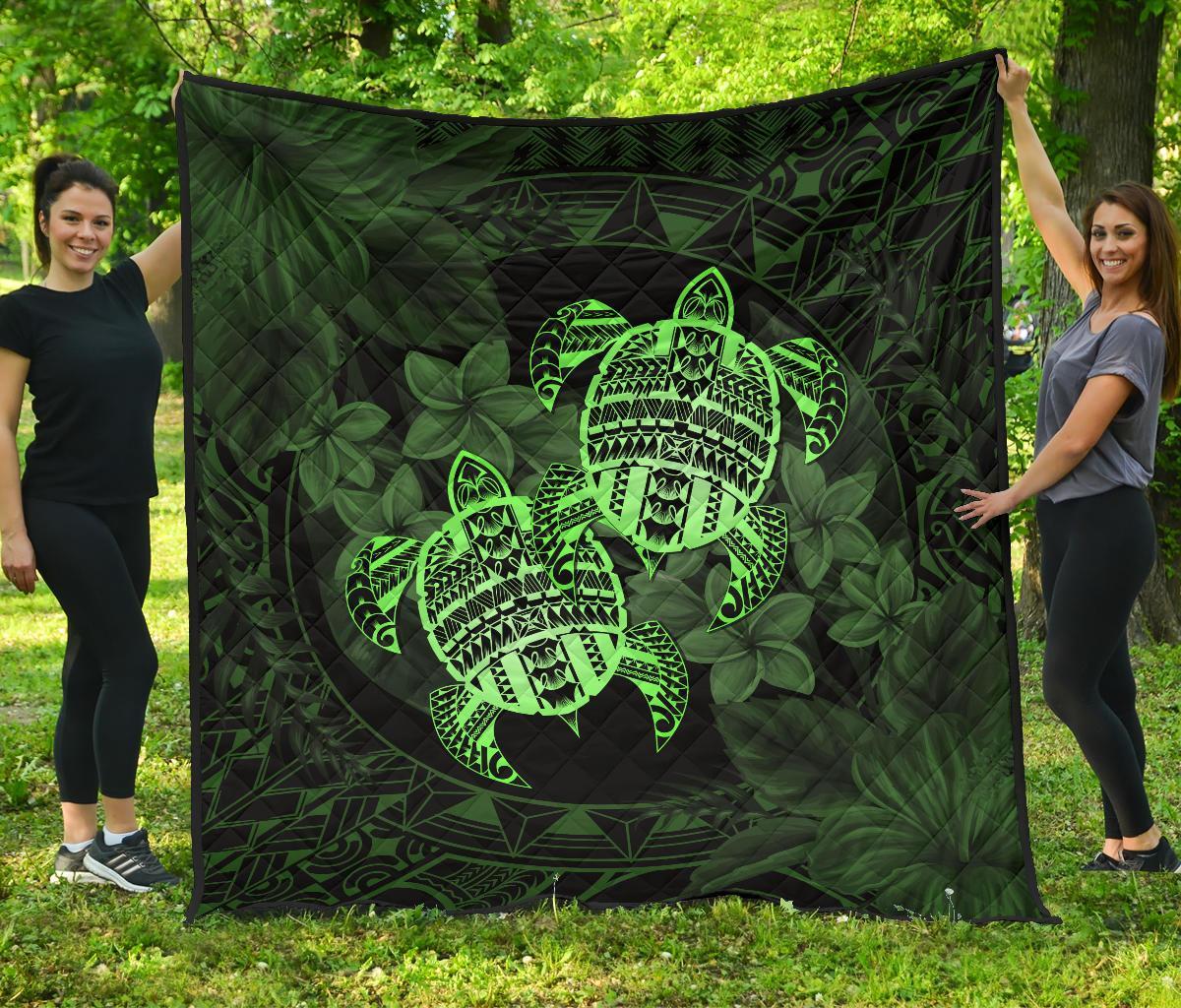 Hawaii Premium Quilt - Turtle Strong Pattern Hibiscus Plumeria Green AH Green - Polynesian Pride