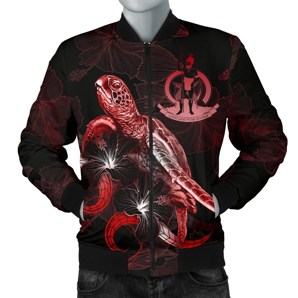 Vanuatu Polynesian Men's Bomber Jacket - Turtle With Blooming Hibiscus Red Red - Polynesian Pride