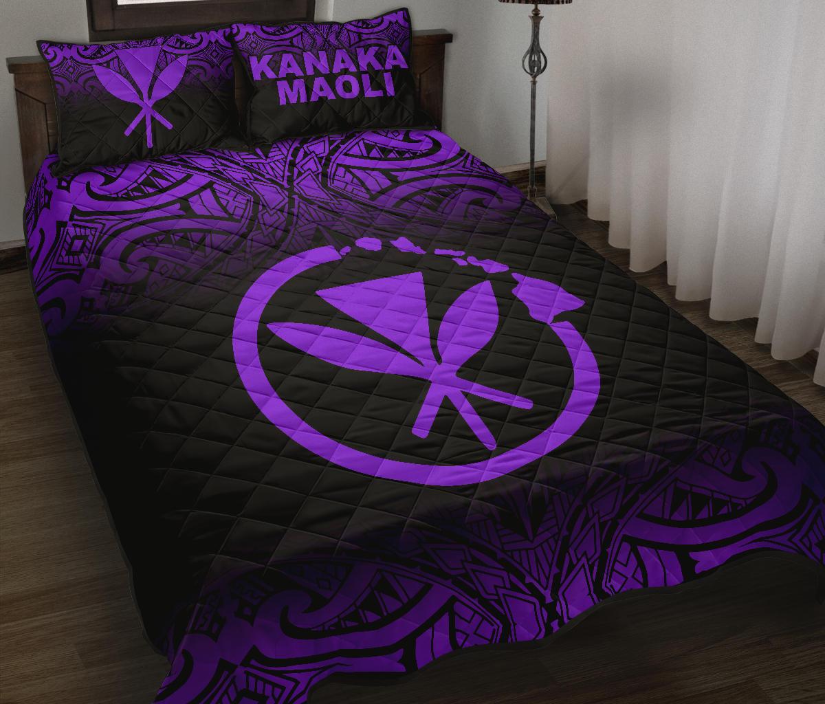 Hawaii Quilt Bed Set - Kanaka Maoli Polynesian Tattoo Black Fog Style Purple Version - Polynesian Pride