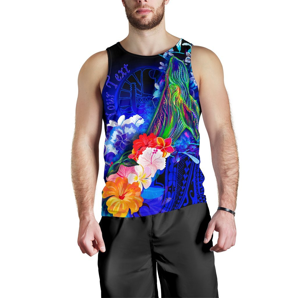 Tahiti Custom Personalised Men's Tank Top - Humpback Whale with Tropical Flowers (Blue) - Polynesian Pride