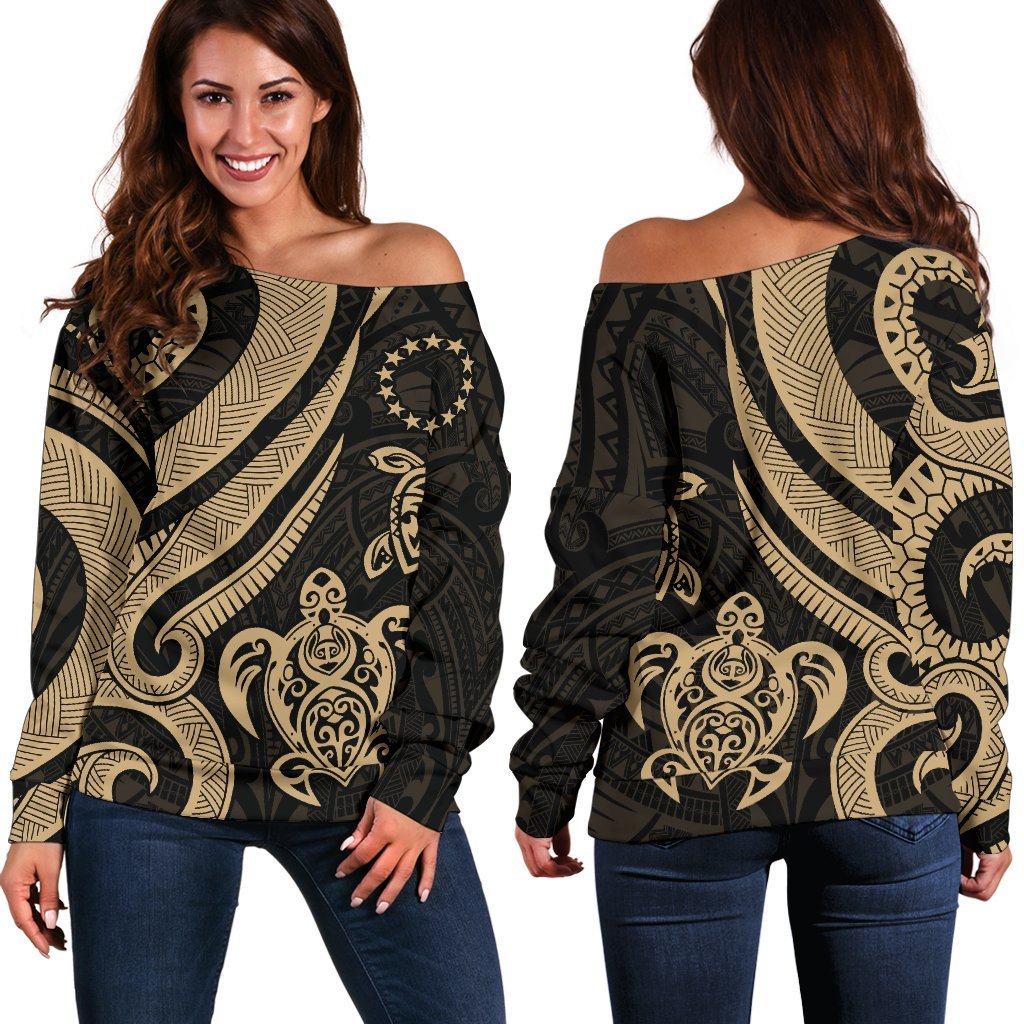 Cook Islands Women's Off Shoulder Sweater - Gold Tentacle Turtle Gold - Polynesian Pride