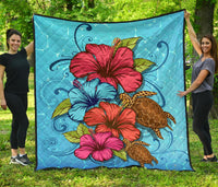 Ocean Hibiscus Premium Quilt Blue - Polynesian Pride